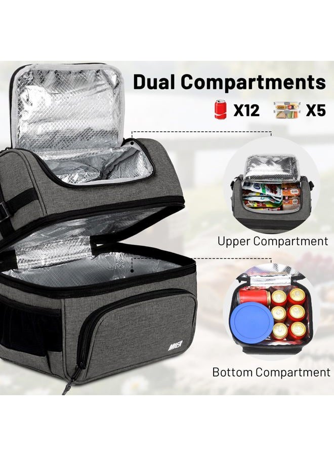 MIER Dual Compartment Lunch Bag Tote with Shoulder Strap for Men and Women Insulated Leakproof Cooler Bag, Grey - Image 2