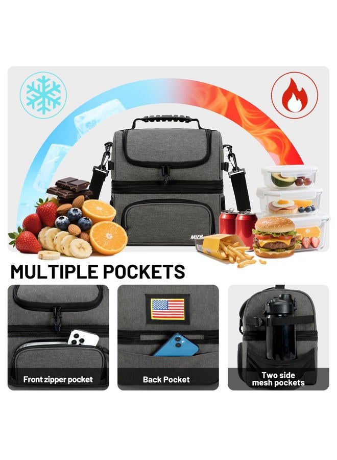 MIER Dual Compartment Lunch Bag Tote with Shoulder Strap for Men and Women Insulated Leakproof Cooler Bag, Grey - Image 3