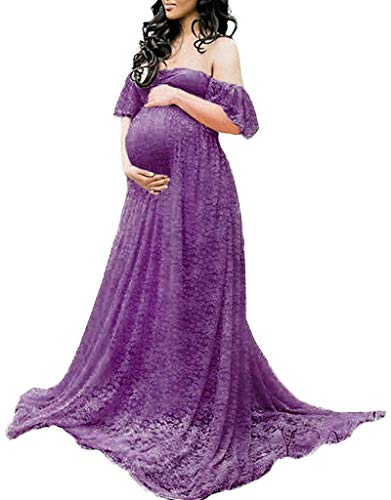 MYZEROING Maternity Photography Props Floral Lace Dress Fancy Pregnancy Gown for Baby Shower Photo Shoot (2XL, Purple) - Image 1