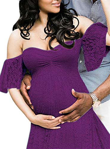 MYZEROING Maternity Photography Props Floral Lace Dress Fancy Pregnancy Gown for Baby Shower Photo Shoot (2XL, Purple) - Image 2