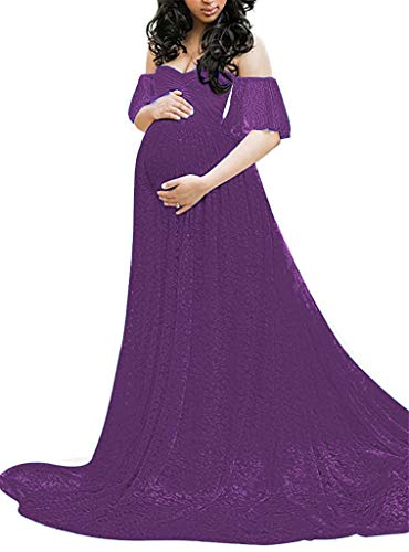 MYZEROING Maternity Photography Props Floral Lace Dress Fancy Pregnancy Gown for Baby Shower Photo Shoot (2XL, Purple) - Image 5