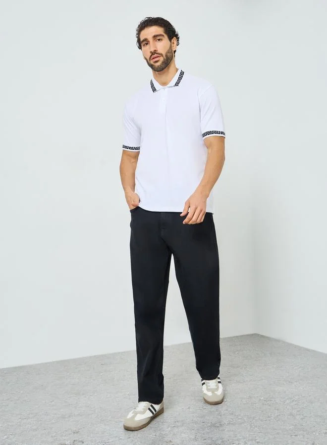 Styli Men White Jacquard Relaxed Fit Pique Polo