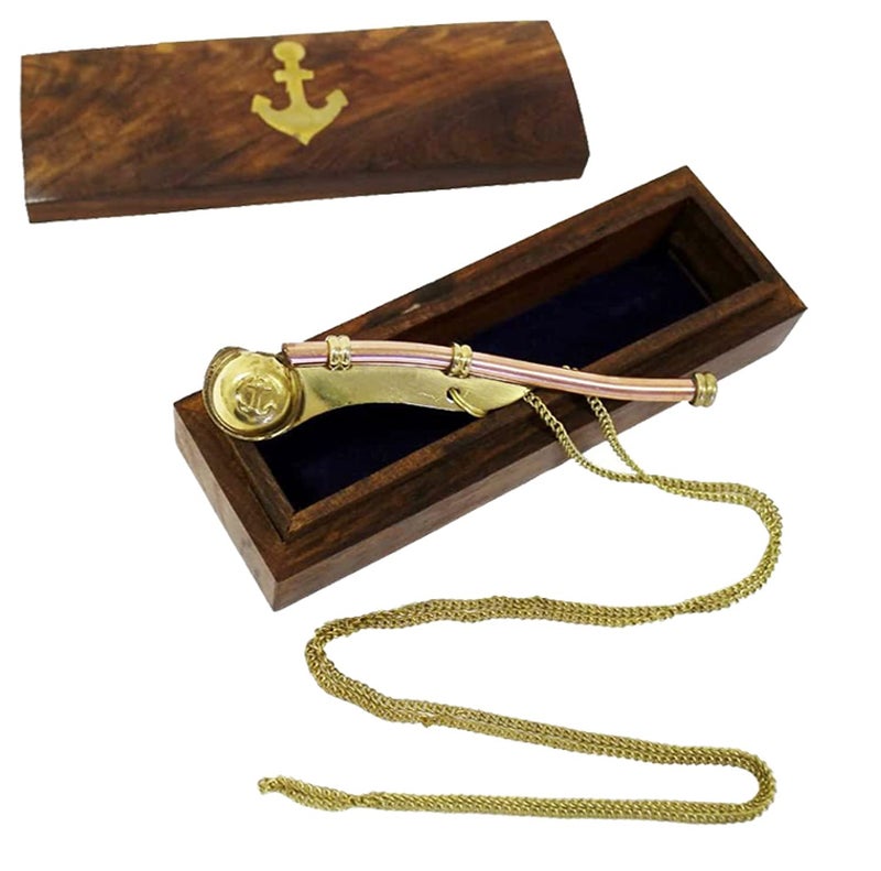 THOR INSTRUMENTS Nautical Mariner Boatswains Whistle Chain Bosun Pipe Nautical Collection With Wooden Box Rustic Vintage Home Decor Gifts - Image 1