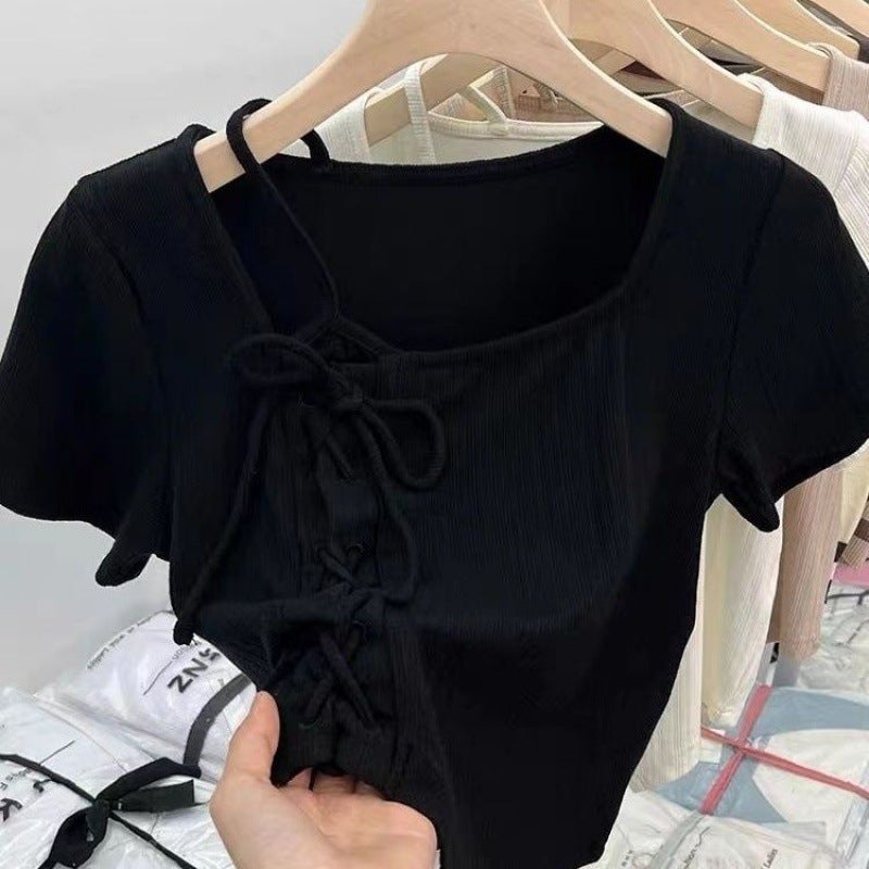 Summer Strap Top Short Skirt Two-Piece Set Women'S Irregular Drawstring Short-Sleeved Shirt Women'S High Waist Pleated Skirt Set Women'S Autumn - Image 5