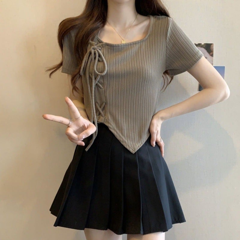 Summer Strap Top Short Skirt Two-Piece Set Women'S Irregular Drawstring Short-Sleeved Shirt Women'S High Waist Pleated Skirt Set Women'S Autumn - Image 3