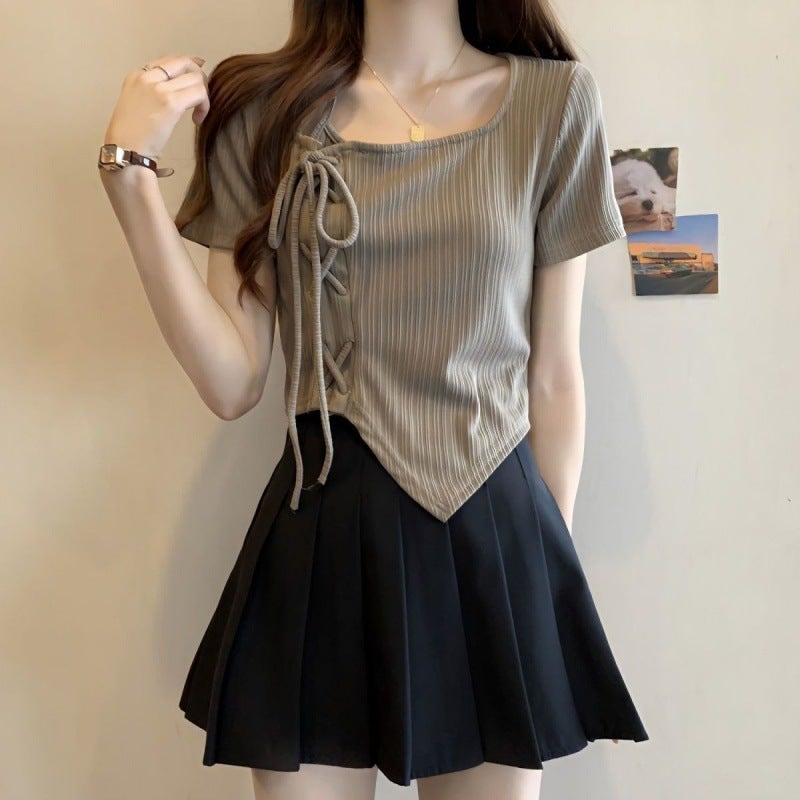 Summer Strap Top Short Skirt Two-Piece Set Women'S Irregular Drawstring Short-Sleeved Shirt Women'S High Waist Pleated Skirt Set Women'S Autumn - Image 2