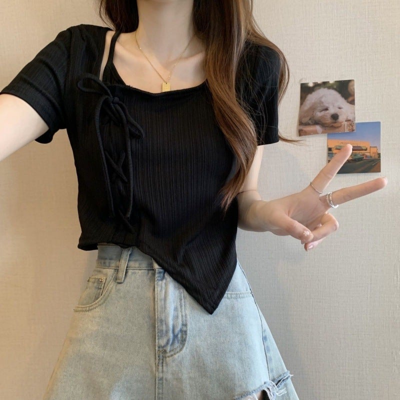 Summer Strap Top Short Skirt Two-Piece Set Women'S Irregular Drawstring Short-Sleeved Shirt Women'S High Waist Pleated Skirt Set Women'S Autumn - Image 4
