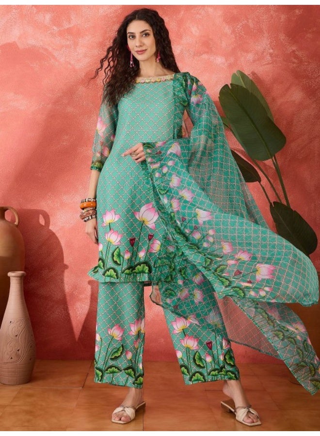 AKS Green Pichwai Art Kurta Set With Organza Printed Dupatta  - Image 1