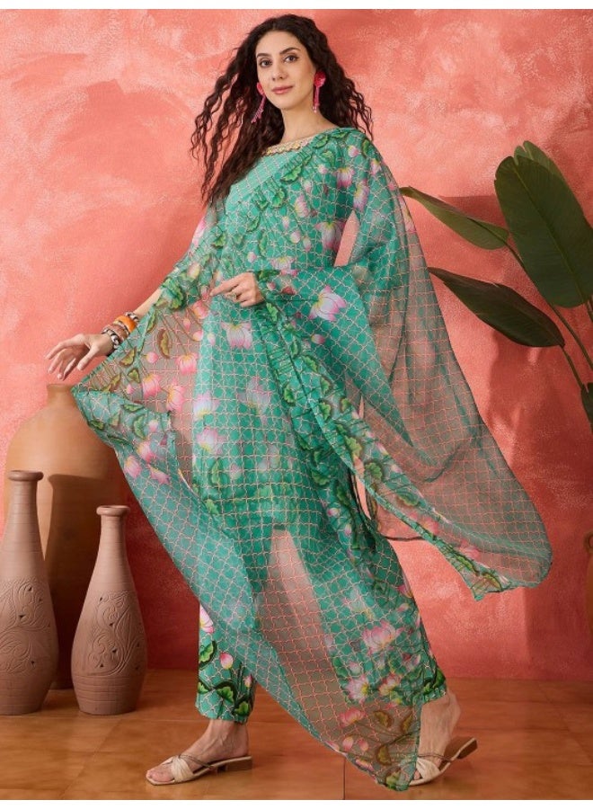 AKS Green Pichwai Art Kurta Set With Organza Printed Dupatta  - Image 4