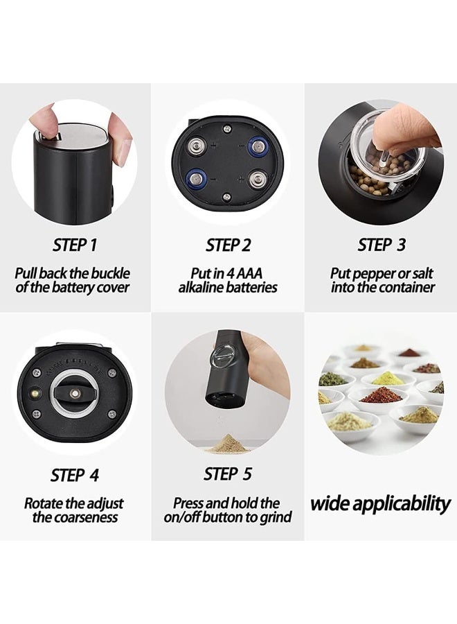 MJZ Electric Salt and Pepper Grinder, Automatic Pepper Grinder with LED Light Spices Shaker, Adjustable Ceramic Rotor for Coarse to Fine Grinding, Battery Powered Pepper Mills with Adjustable Coarseness, One-Handed Operation, Electric Black Pepper/Salt/Spice Grinder Ideal for Kitchen Outdoor BBQ - Image 4
