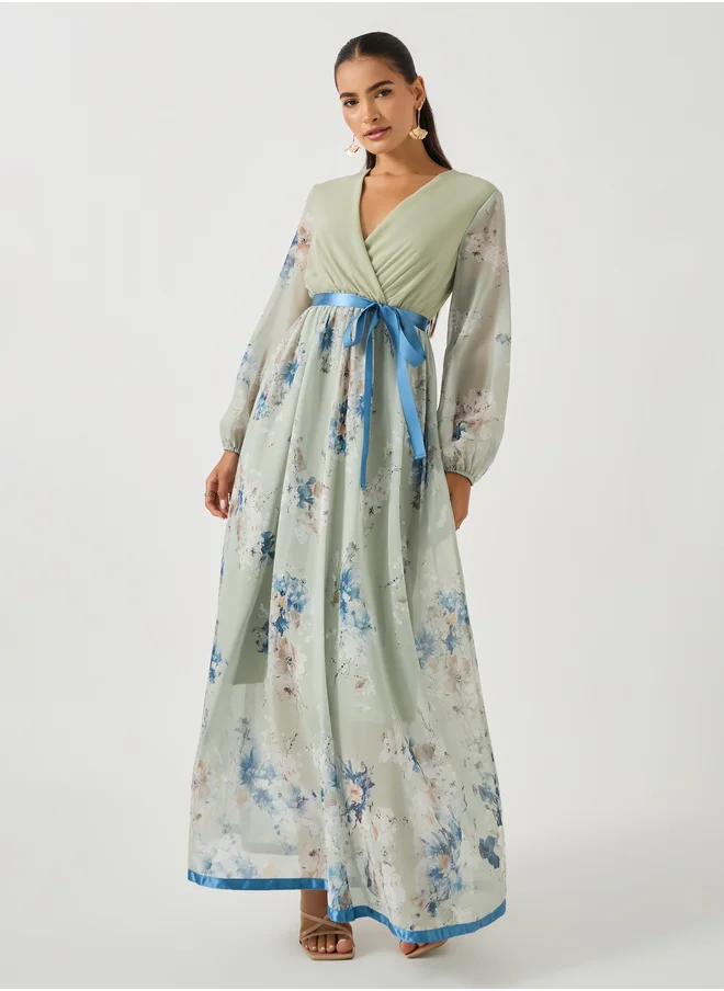 ستايلي Styli Women Green Floral Print V Neck A-Line Maxi Dress with Ribbon Tie Detail