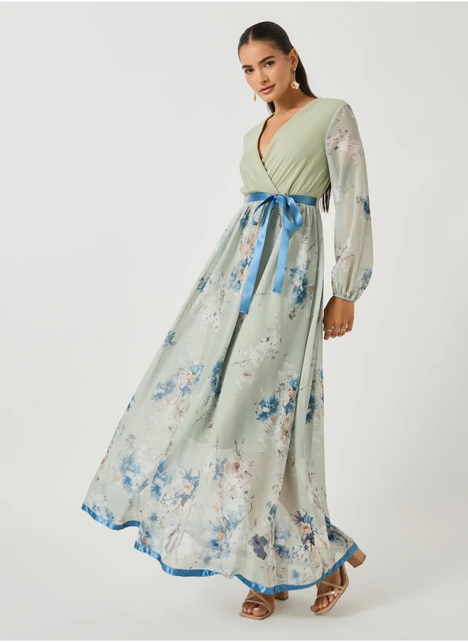 ستايلي Styli Women Green Floral Print V Neck A-Line Maxi Dress with Ribbon Tie Detail