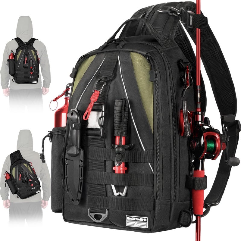 Ghosthorn Fishing Backpack Tackle Sling Bag-Backpack with Rod Holder- Lightweight Tackle Box Fly Fishing Gifts for Men Women (J.Large Black) - Image 1