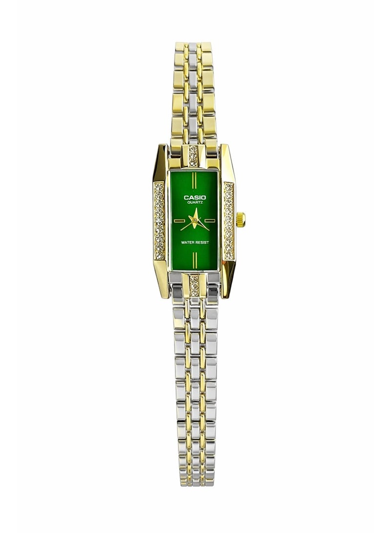 Casio Women’s Two-Tone Watch – Green Dial | Elegant Crystal Accent