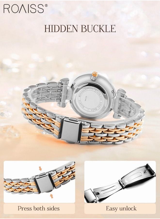 roaiss - Women's Steel Strap Quartz Watch, Analog Display Round Mother-of-Pearl Texture Dial Watch with Rhinestones Decoration, Waterproof Elegant Watch as Gift for Women - Image 1