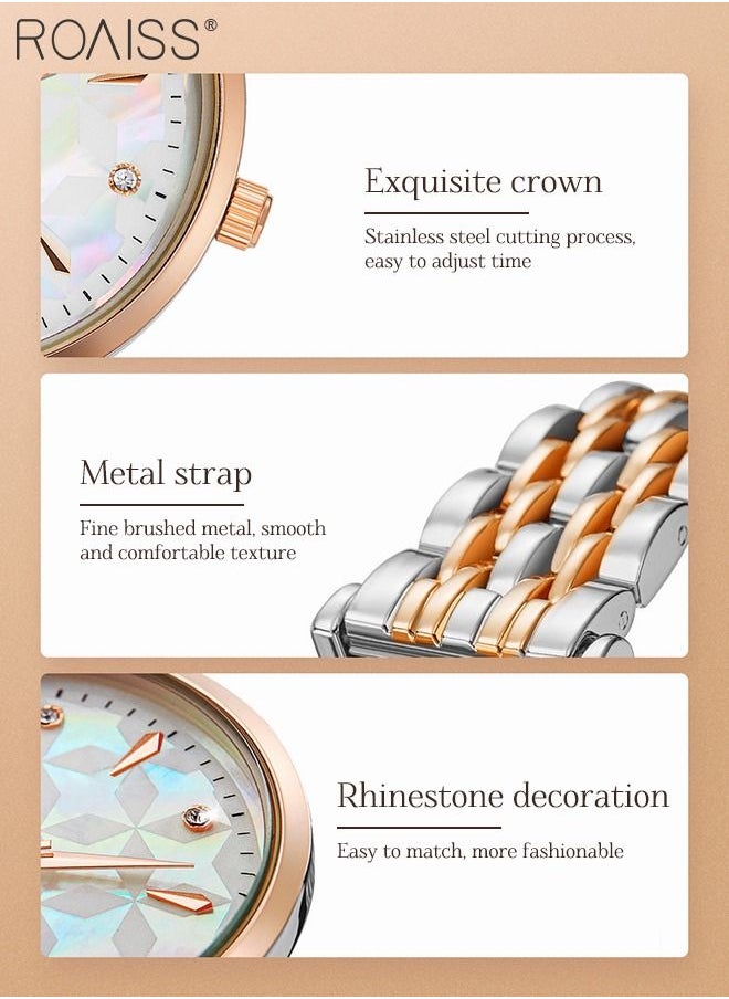 roaiss - Women's Steel Strap Quartz Watch, Analog Display Round Mother-of-Pearl Texture Dial Watch with Rhinestones Decoration, Waterproof Elegant Watch as Gift for Women - Image 1