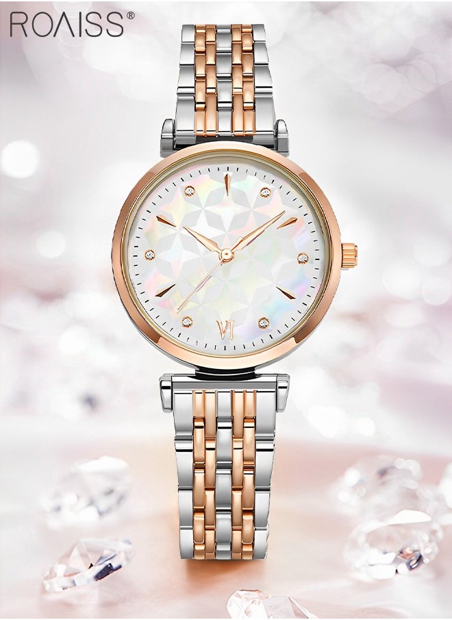 roaiss - Women's Steel Strap Quartz Watch, Analog Display Round Mother-of-Pearl Texture Dial Watch with Rhinestones Decoration, Waterproof Elegant Watch as Gift for Women - Image 1