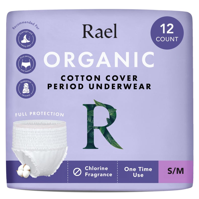 Rael Disposable Underwear for Women, Organic Cotton Cover - Incontinence Pads, Postpartum Essentials, Disposable Underwear, Unscented, Maximum Coverage (Size S-M, 12 Count) - Image 1
