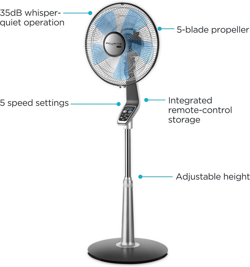 Rowenta Rowenta Pedestal Fan 53 Inches Ultra Quiet Oscillating Fan for Bedroom Portable 5 Speeds Refresh Up to 23Feet Silver Indoor VU5670  - Image 2