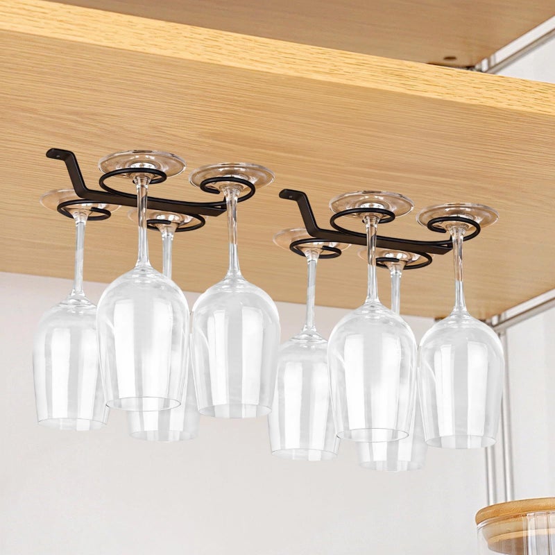 Iron Under Cabinet Wine Glass Rack Holds 4 Glasses with Roll Design Black - Image 3