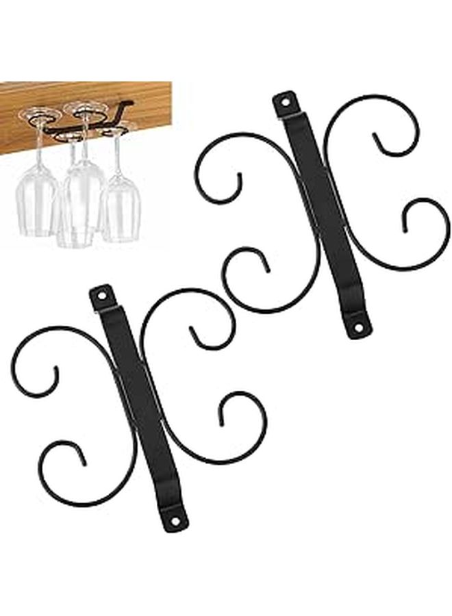 Iron Under Cabinet Wine Glass Rack Holds 4 Glasses with Roll Design Black - Image 1