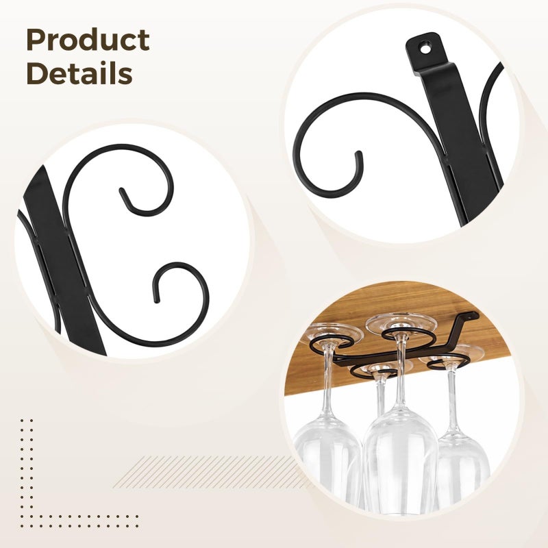 Iron Under Cabinet Wine Glass Rack Holds 4 Glasses with Roll Design Black - Image 5