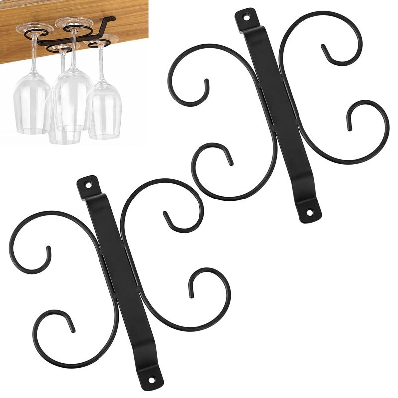Iron Under Cabinet Wine Glass Rack Holds 4 Glasses with Roll Design Black - Image 2