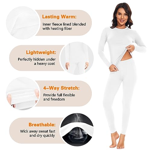 SIMIYA Thermal Underwear Set for Women Long Johns with Fleece Lined Long Sleeves Base Layer Set Top Bottom White - Image 3