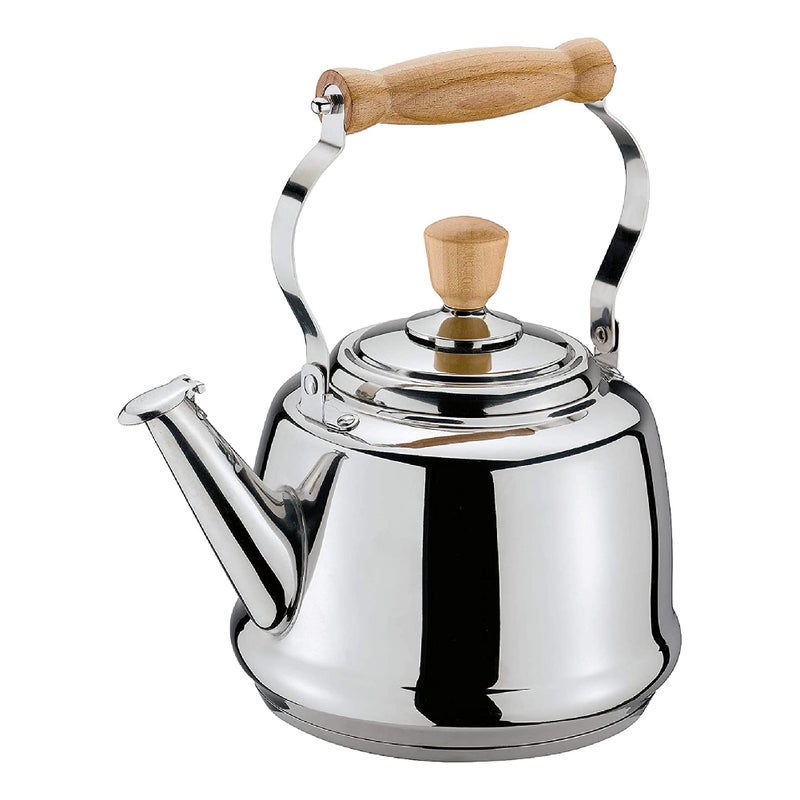 Cilio Tradition Stainless Steel Whistling Water Kettle Stovetop Kettle with Wooden Handles 26 Quarts Silver