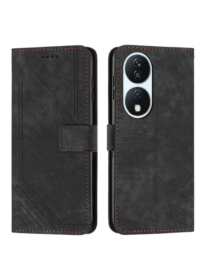 Green Tiger For Honor X7b Skin Feel Stripe Pattern Leather Phone Case with Lanyard(Black)