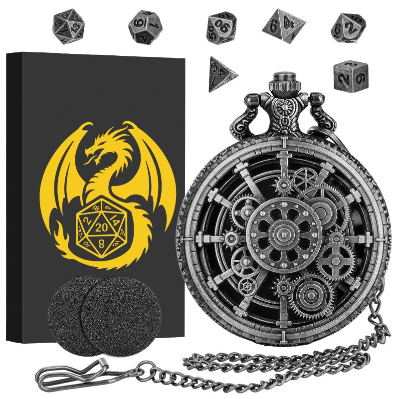 Keller & Weber Mini DND Dice Set with Steampunk Dark Silver Hollow Gear Pocket Watch Shell Case 7pcs Polyhedral Metal DD Dice DND Gifts with Gift Box for DND Lovers Role Playing Board Games Accessories - Image 3