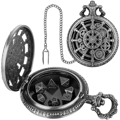 Keller & Weber Mini DND Dice Set with Steampunk Dark Silver Hollow Gear Pocket Watch Shell Case 7pcs Polyhedral Metal DD Dice DND Gifts with Gift Box for DND Lovers Role Playing Board Games Accessories - Image 5