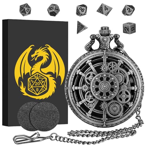 Keller & Weber Mini DND Dice Set with Steampunk Dark Silver Hollow Gear Pocket Watch Shell Case 7pcs Polyhedral Metal DD Dice DND Gifts with Gift Box for DND Lovers Role Playing Board Games Accessories - Image 1