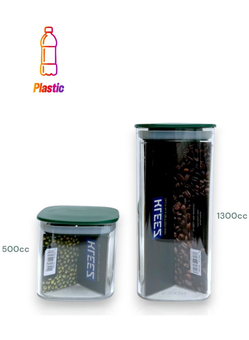 kleez Airtight Food Storage Container Set – 1300cc & 500cc – BPA-Free, Transparent Jars with Sage Green Lids – Perfect for Storing Coffee, Beans, Pasta, and More – Durable, Stackable, and Ideal for Kitchen & Pantry Organization. - Image 1