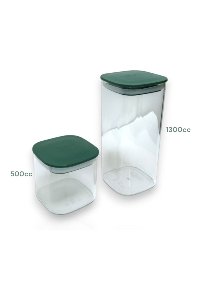 kleez Airtight Food Storage Container Set – 1300cc & 500cc – BPA-Free, Transparent Jars with Sage Green Lids – Perfect for Storing Coffee, Beans, Pasta, and More – Durable, Stackable, and Ideal for Kitchen & Pantry Organization. - Image 2