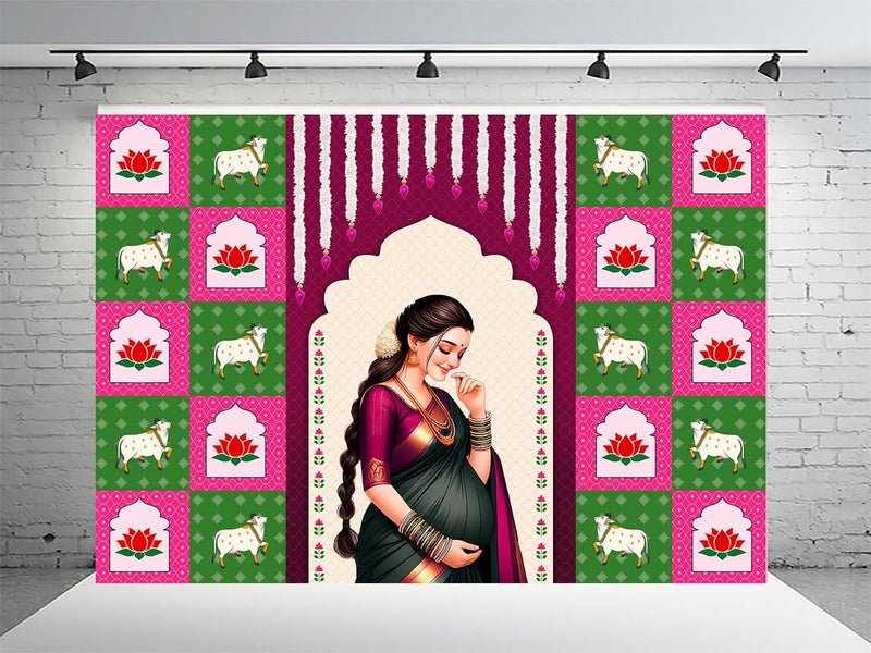 Dhara Creation Seemantham Baby Shower Backdrop 5FT7FT Baby Shower Decorations Indian Baby Shower Decorations Seemantham Backdrop Washable Fabric - Image 1