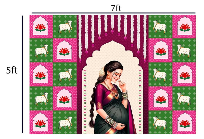 Dhara Creation Seemantham Baby Shower Backdrop 5FT7FT Baby Shower Decorations Indian Baby Shower Decorations Seemantham Backdrop Washable Fabric - Image 2