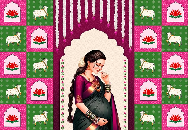 Dhara Creation Seemantham Baby Shower Backdrop 5FT7FT Baby Shower Decorations Indian Baby Shower Decorations Seemantham Backdrop Washable Fabric - Image 4