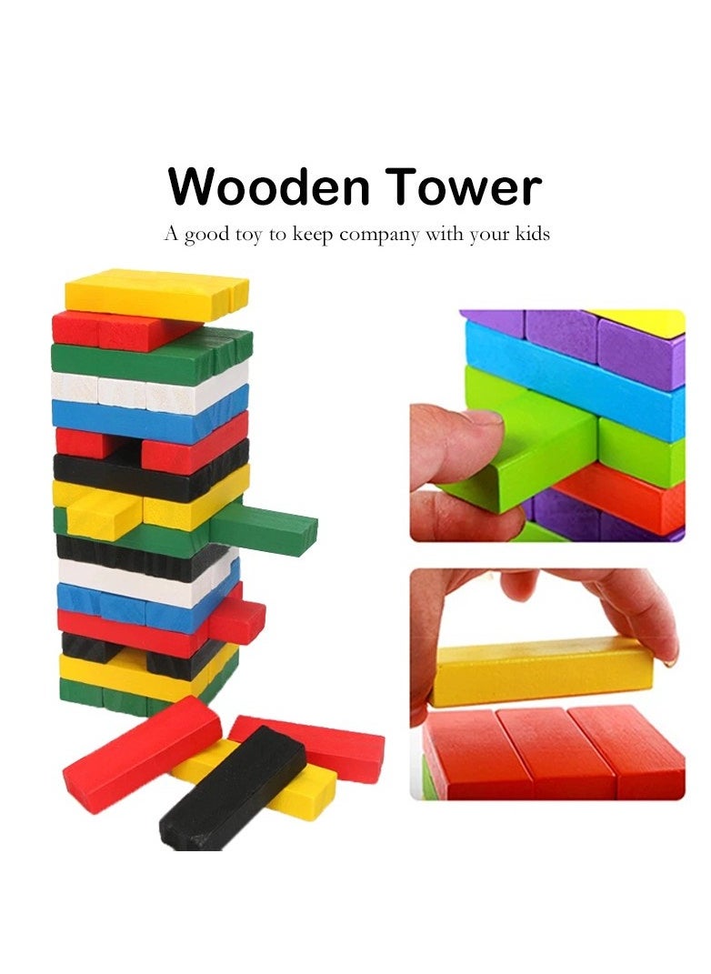 N3 54 Pcs Colorful Wooden Blocks Games for Adults and Kids, Wood Tumbling Tower Stacking Toys with Dices Board Jenga Best Educational Puzzle Game  - Image 4