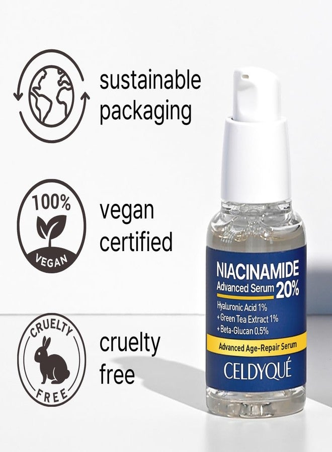 CELDYQUE Niacinamide Advanced 20% Face Vegan Serum w/Vitamin B3 Green Tea Beta-Glucan Damask Rose 63% No-Scent Even Skin Tone Minimize Pores Plump Fine Lines 2 Fl Oz - Image 3