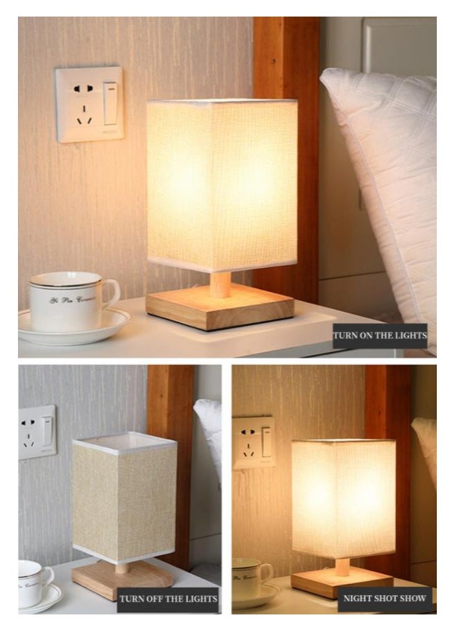 USB Table Lamp Bedside Wooden Lamp Modern Nightstand Night Lamp with Fabric Lampshade for Bedroom Living Room Office