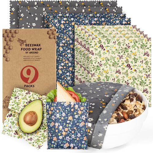 Akeeko Reusable Beeswax Food Wraps - Assorted 9 Packs, Eco-Friendly Reusable Wrap, Biodegradable, Zero Waste, Organic Cloth, Sustainable, Plastic-Free Food Storage, 1Large, 3Medium, 5Small Sizes - Image 1