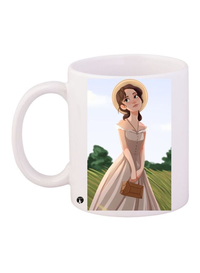 RYN Cartoon Girl Printed Coffee Mug White/Beige/Green 11ounce