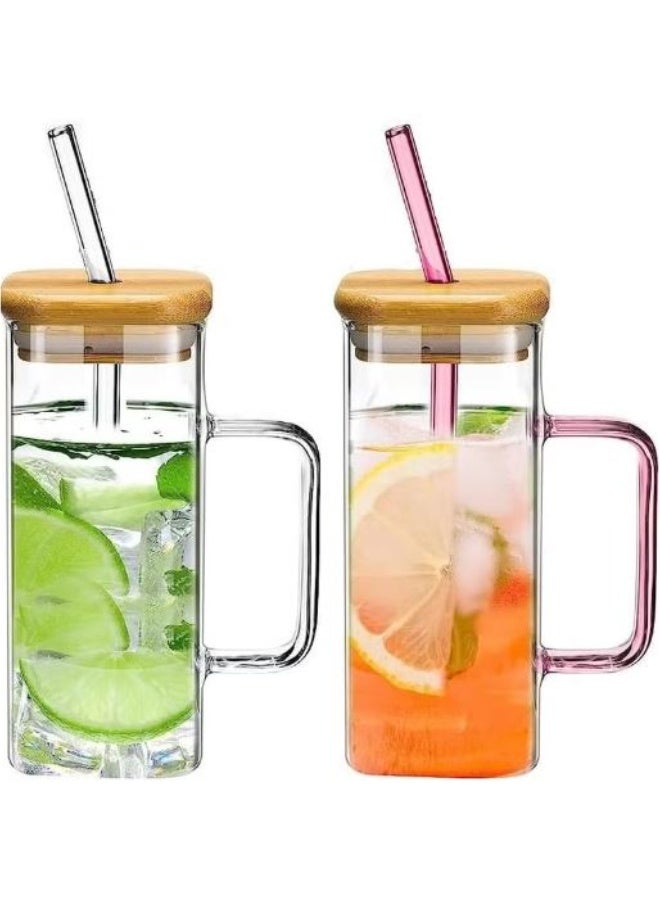Clear glass mug with a straw and colored handle; glass with a wooden lid; heat-resistant glass cup for iced coffee and various beverages. - Image 3