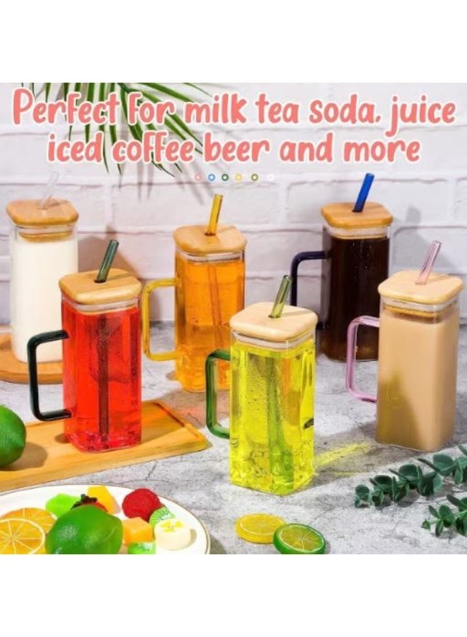 Clear glass mug with a straw and colored handle; glass with a wooden lid; heat-resistant glass cup for iced coffee and various beverages. - Image 5