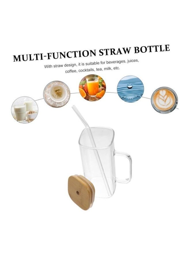 Clear glass mug with a straw and colored handle; glass with a wooden lid; heat-resistant glass cup for iced coffee and various beverages. - Image 4