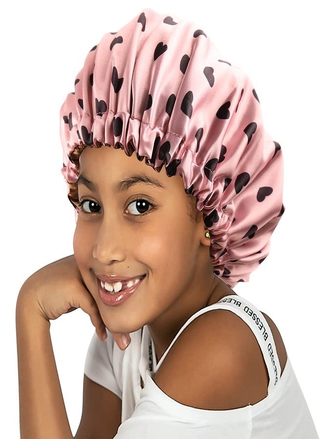 ELIHAIR Medium Kids Satin Bonnet Sleeping Cap for Natural Hair Teens Toddler Child Adjustable Satin Cap for Night Sleeping Reversible Double Layer Lotus Heart - Image 1