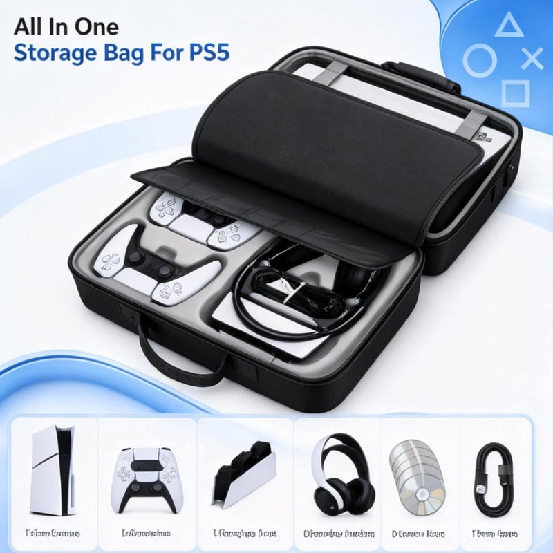 رايتشر حقيبة حمل Rightsure لجهاز PS5 Slim، غلاف صلب من EVA مع فواصل مزدوجة، مقاومة للماء، متوافقة مع جهاز PS5 Slim ووحدتي تحكم وملحقات (أسود) - Image 4