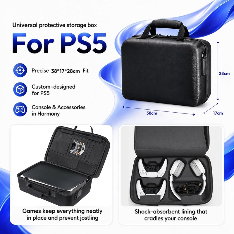 رايتشر حقيبة حمل Rightsure لجهاز PS5 Slim، غلاف صلب من EVA مع فواصل مزدوجة، مقاومة للماء، متوافقة مع جهاز PS5 Slim ووحدتي تحكم وملحقات (أسود) - Image 2