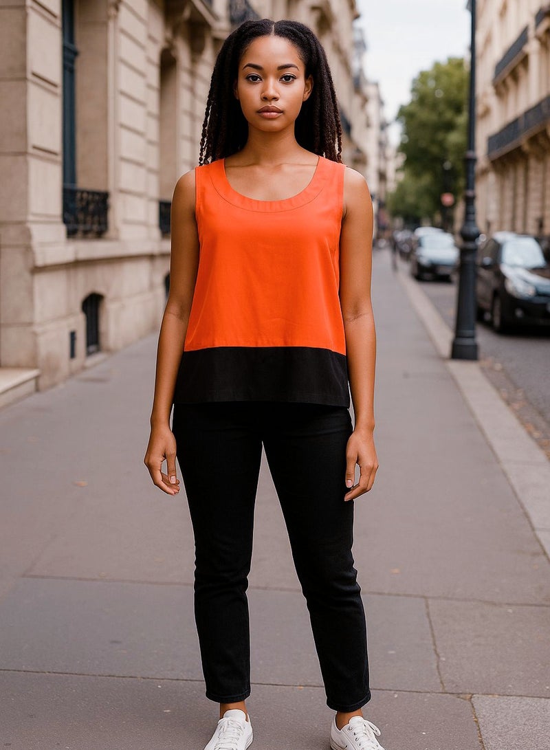 Women neon orange & black chiffon summer blouse